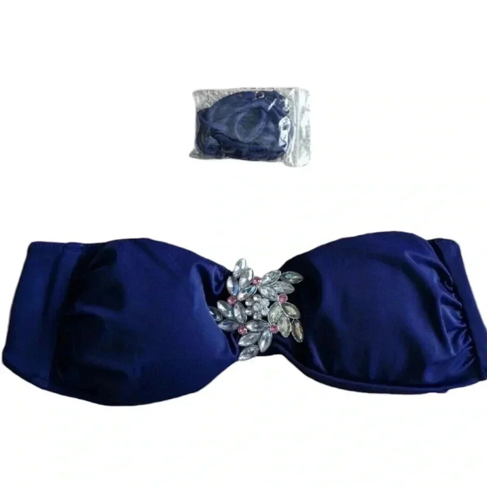 Victoria's Secret CRYSTAL BROOCH Bikini Top NAVY BLUE Bling Flower Accent medium